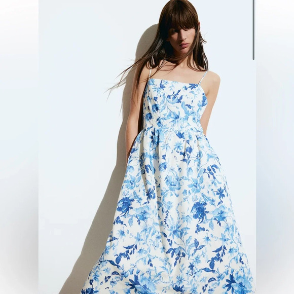 H&M linen blend midi dress sundress floral square neck spaghetti strap classic - Picture 2 of 15